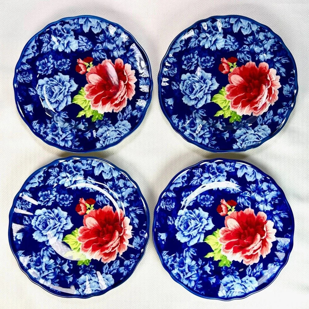 Pioneer Woman Heritage Floral Salad/Dessert Plates Cobalt Blue Floral Set Lot 4